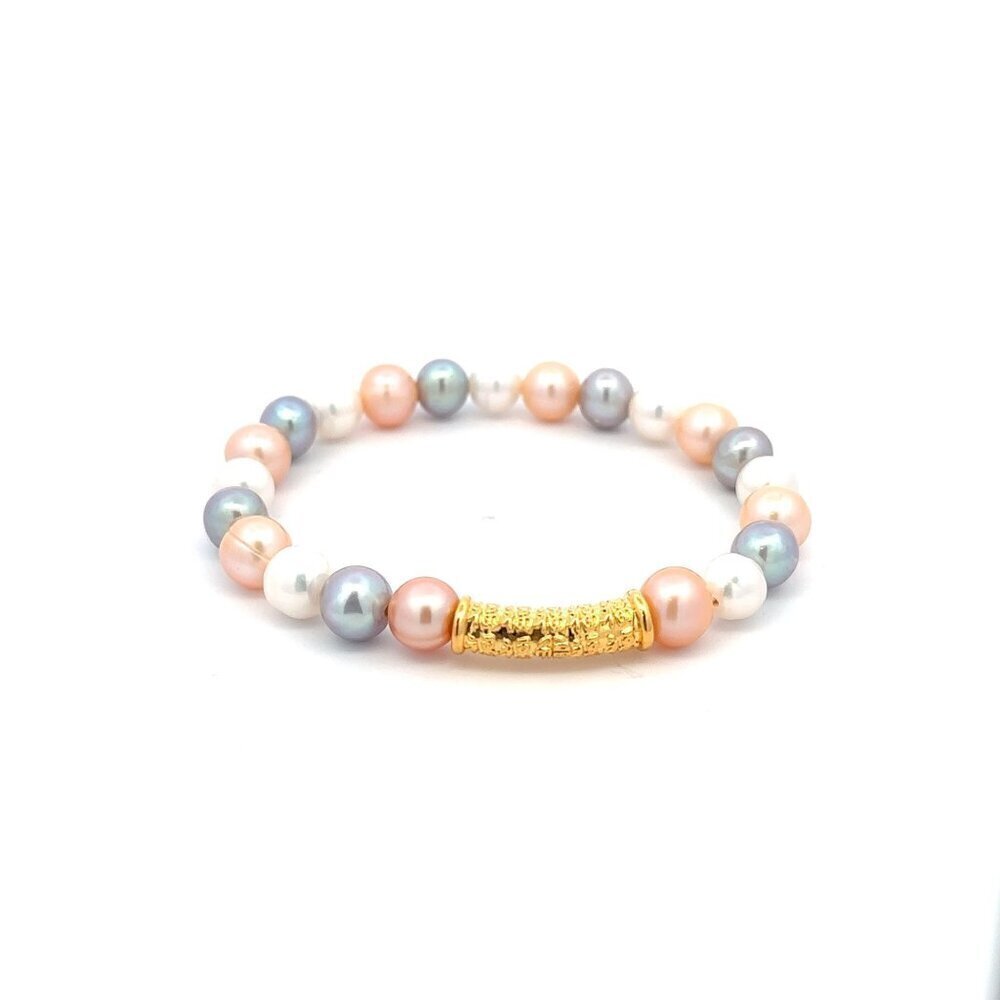 18K Gold Tube Lucky Charm Bracelet Gemstones Multicolor Pearl 6.5mm - 7.5mm